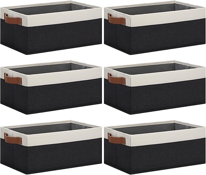 GhvyenntteS Storage Baskets for Organizing, Fabric Storage Bins with Leather H&les, Foldable Rectangular Storage Baskets for Shelves, Closets, Home, Office(Black/White, 6 Pack)11.8X7.9X5.1 in-HomvellaHome