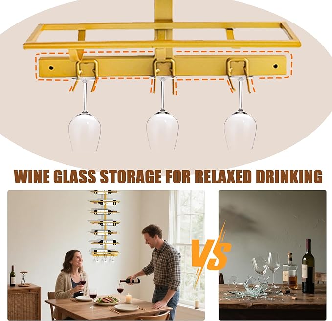 16 Bottle Wall Mount Wine Rack with Wine Glass Holder, Metal Wine Wall Rack, Wall Racks for Wine Bottles Display and Storage, Hanging Bottle Organizer for Living Dining Room Wine Cellar Bar (Gold)-HomvellaHome