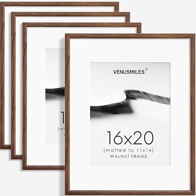 16x20 Picture Frame Set of 4 Natural Solid Walnut Photo Frames with 11x14 Removable Mat Wall Hanging Large Handcrafted Frame with HD Plexiglass Wall and Tabletop Display Large Poster Frame-HomvellaHome