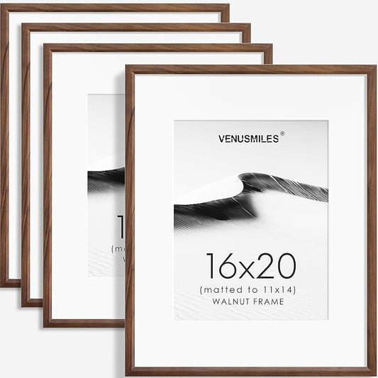 16x20 Picture Frame Set of 4 Natural Solid Walnut Photo Frames with 11x14 Removable Mat Wall Hanging Large Handcrafted Frame with HD Plexiglass Wall and Tabletop Display Large Poster Frame-HomvellaHome