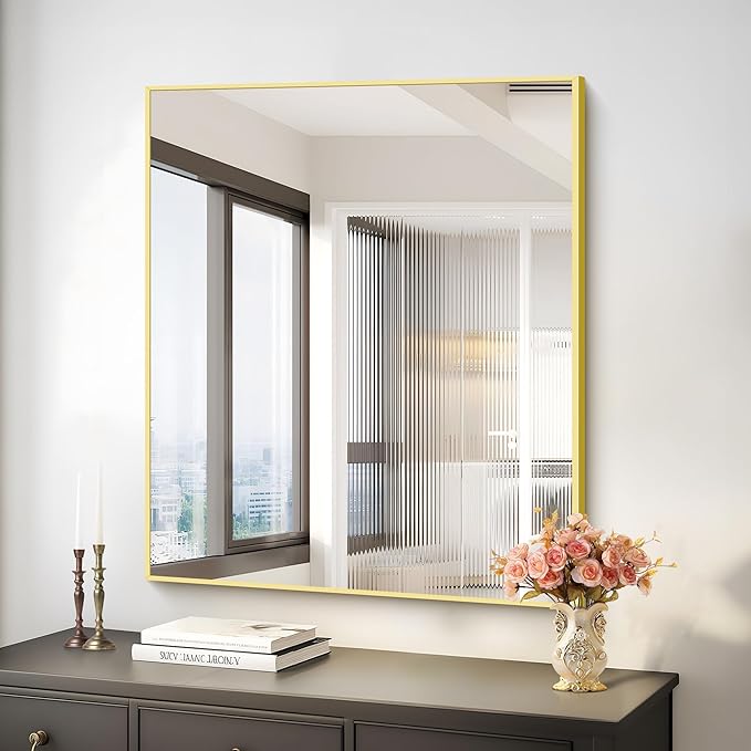 Gold Bathroom Mirror for Wall, 30x36 Inch Rectangle with Metal Frame, Modern Vanity for Bathroom Living Room, Entryway Hangs Horizontal or Vertical-HomvellaHome