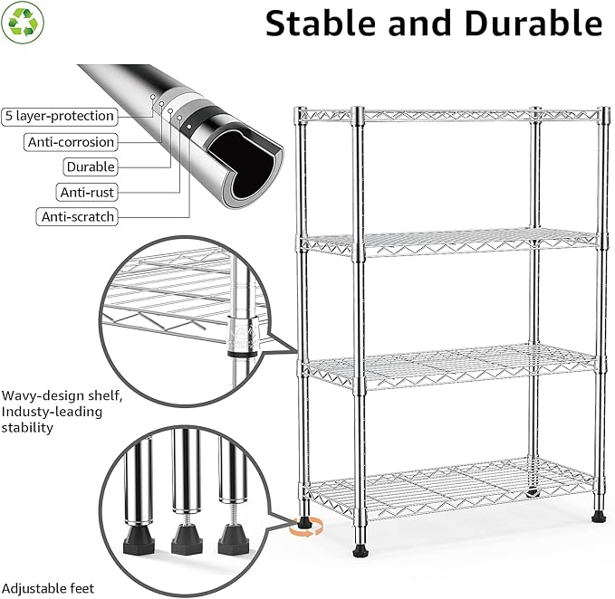 1000 lbs Storage Shelving Steel Heavy Duty 4-Tier Utility Shelving Unit Steel Organizer Wire Rack for Home,Kitchen,Office,Chrome (13.7" D x 29.5" W x 47.2" H)-HomvellaHome