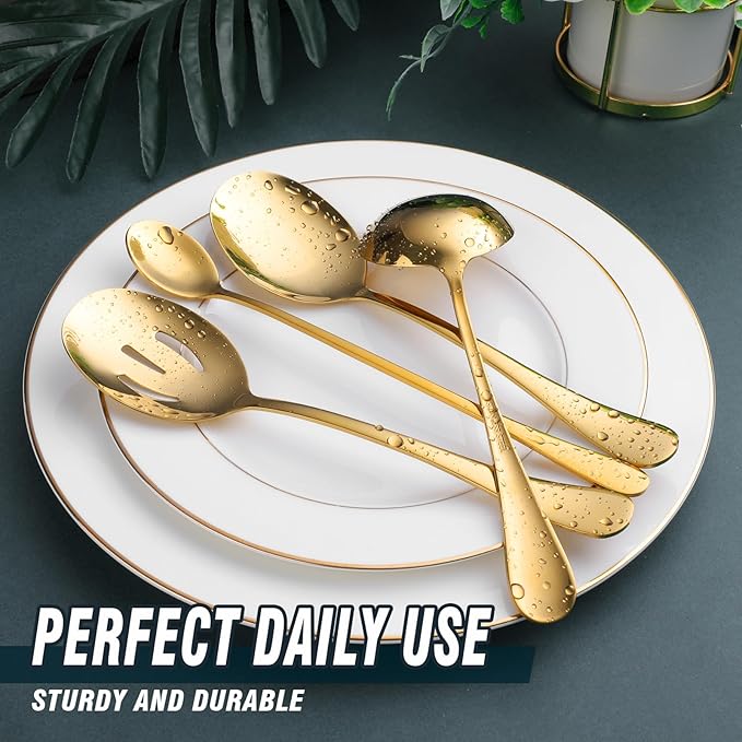 Gold Serving Utensils, OGORI 12-Piece Stainless Steel Serving Utensils Include Serving Spoons, Slotted Spoons, Serving Tongs, Serving Forks, Butter Knife, Stirring Spoon, Soup Ladle, Pie Server-HomvellaHome
