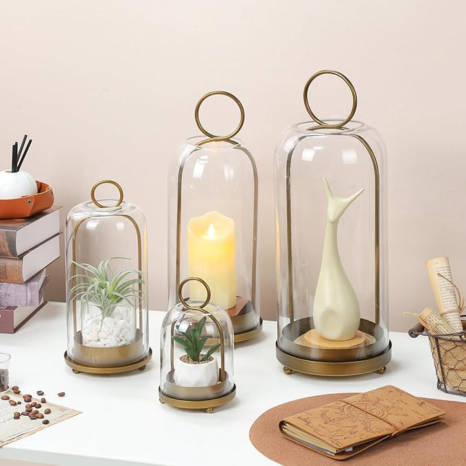 16" High Versatile Modern Metal Hurricane Lantern with Handmade Sturdy Glass Dome for Pillar Candle & Plants (Brass, 6.3"x16.5")-HomvellaHome