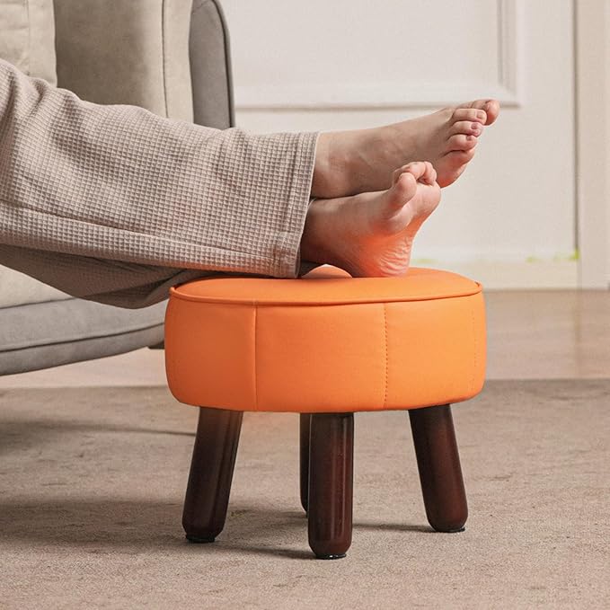 13in Small Foot Stool Ottoman, Round Faux Leather Foot Rest for Couch, Under Desk Pouf Footstool Footrest with Non-Skid Rubber Legs for Ling Room, Bedroom, 13''L x 13''W x 10.2''H, Orange-HomvellaHome