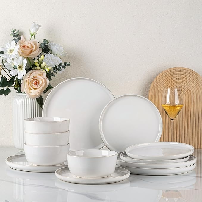 GBHOME Ceramic Dinnerware Sets for 4, 12 Pieces Stoneware Plates and Bowls Sets, Reactive Glaze Dishes -Scratch Resistant, Dishwasher&Microwave Safe-Star White-HomvellaHome