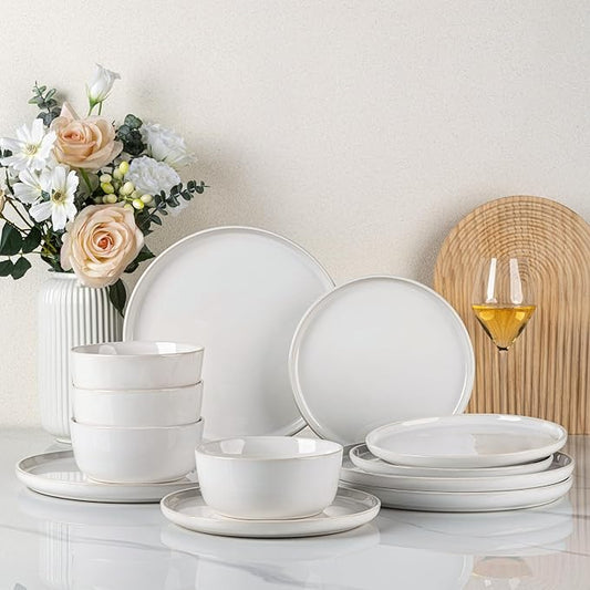 GBHOME Ceramic Dinnerware Sets for 4, 12 Pieces Stoneware Plates and Bowls Sets, Reactive Glaze Dishes -Scratch Resistant, Dishwasher&Microwave Safe-Star White-HomvellaHome