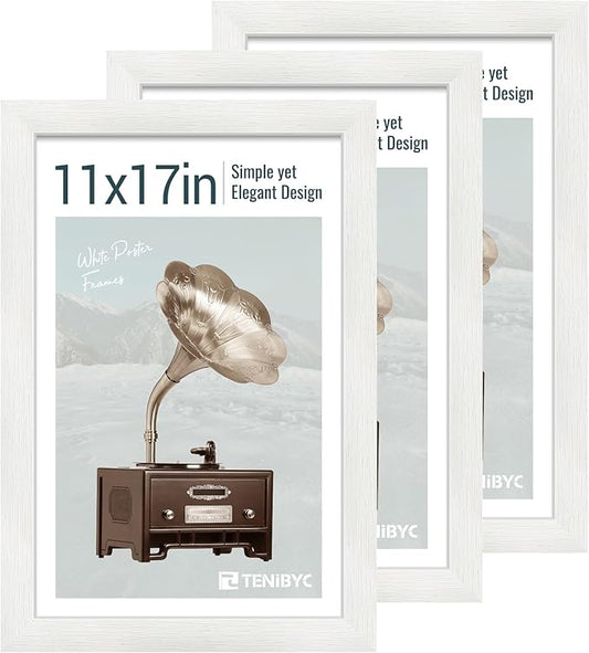 11x17 Picture Frame 3 Pack - White Woodgrain, Solid Wood & HD Tempered Glass, Wall Gallery Poster Frame-HomvellaHome