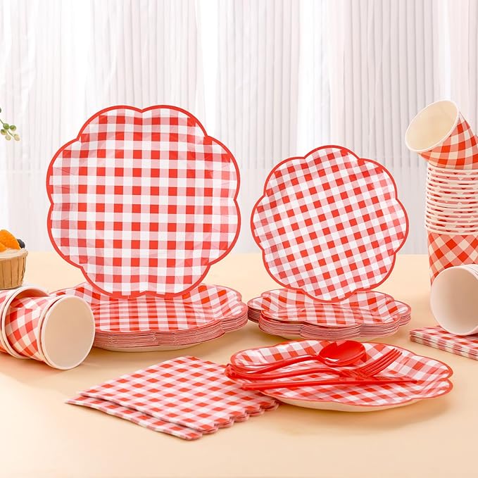 175 Pcs Red Gingham Plates and Napkins Party Supplies - Red and White Checkered Plates Sets Serve 25 Guests - Scalloped Gingham Paper Plate for Birthday Picnic BBQ Christmas Party Decorations-HomvellaHome