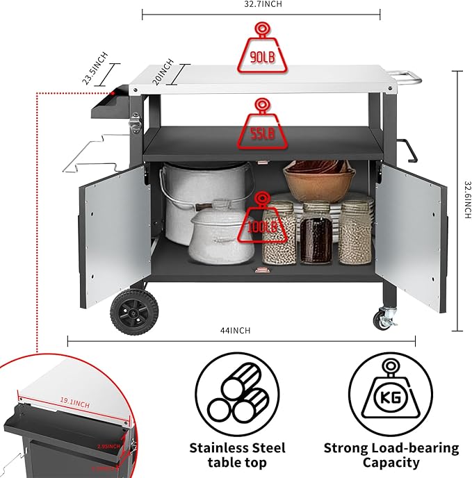 Grill Cart Table with Big Storage Cabinet, Movable Outdoor Dining Cart Pizza Oven Stand, Kitchen Cart Island Multifunction Food Prep Table Stainless Steel Surface-HomvellaHome