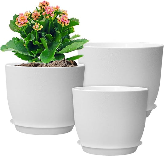 12/10/9 inch Large Plant Pots, 3 Pack Modern Decorative Plastic Planters with Drainage Holes and Saucers, Flower Pots for Indoor Outdoor Plants, White-HomvellaHome