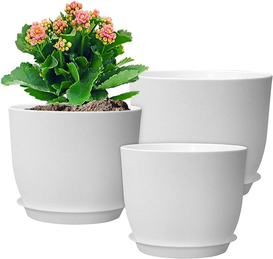 10/9/8 inch Medium Flower Pots, 3 Pack Modern Decorative Plastic Planters with Drainage Holes and Tray, Plant Pots for Indoor Outdoor Plants, White-HomvellaHome