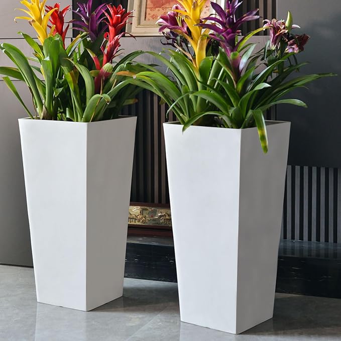 GreenShip 27" Tall Planters, Set of 2 – Black Outdoor Planter for Front Porch & Tall Plants, Weather-Resistant, with Drainage Hole & Rubber Plug (No Plants Included) (White-2pcs)-HomvellaHome