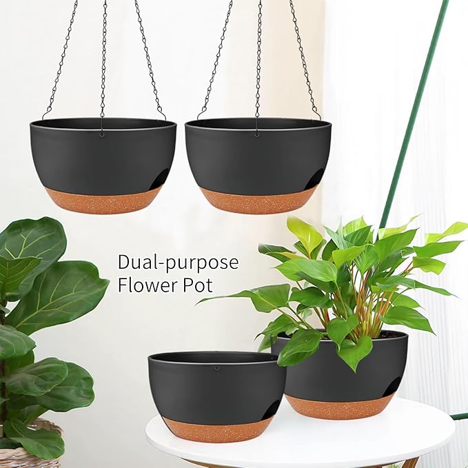 2 Pack Hanging Planters for Indoor Outdoor Plants, 12 Inch Self Watering Hanging Pot with Drainage Holes and Saucer, Plastic Plant Pots, Black Brown Flower Pots for Kitchen, Balcony, Garden-HomvellaHome
