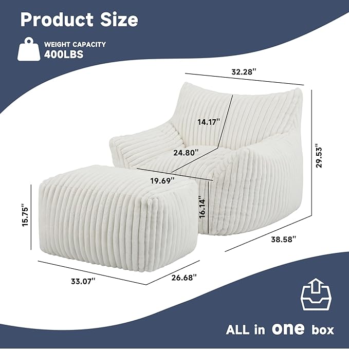 Giant Bean Bag Chairs for Adults, Oversized Chaise Lounge Chair Indoor with Memory Foam - Plush Boneless Lounger & Ottoman for Bedroom, Living Room, Gaming & Reading, Lazy Floor Sofa Chair, Beige-HomvellaHome