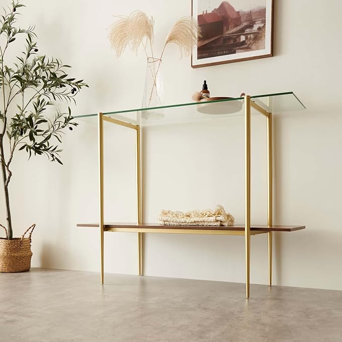 Glass Console Table for Living Room, Foyer & Entrance, 2-Tiers Mid-Century Modern Sofa Table with Clear Glass Top, Walnut Finish Wood Top and Gold Finish Metal Frame-HomvellaHome