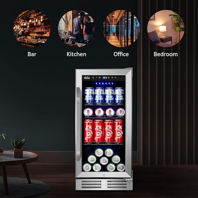 15'' Beverage Refrigerator and Beer Fridge Under Counter Built-in or Freestanding,127 Cans Beverage Cooler with Glass Door and Lock for Bottles and Cans Beer/Soda/Water/Wine-HomvellaHome