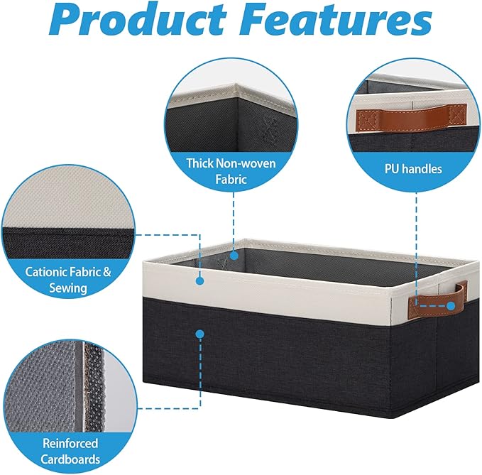 GhvyenntteS Storage Baskets for Shelves 12 Pack, Fabric Storage Bins with Leather Handles, Foldable Rectangular Storage Baskets for Organizing Home, Office (Black/White, 11.8" x 7.87" x 5.11")-HomvellaHome