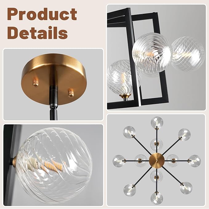 12 Light Black Farmhouse Chandelier Geometric Metal Dining Room Light Fixture Height Adjustable Black Chandeliers for Dining Room Clear Glass Farmhouse Industrial Pendant Lights for Bedroom, Entryway-HomvellaHome