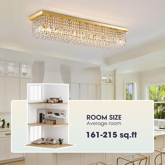 10 Lights Gold Flush Mount Rectangle Chandelier, Modern K9 Crystal Chandeliers Light Fixture Rectangular Raindrop Chandelier Pendant Island Light for Living Dining Room Kitchen Bar L47 Inch-HomvellaHome