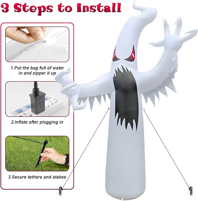 12FT Halloween Inflatables Giant White Ghost, Halloween Inflatable Outdoor Decoration, LED Colored Lights, Scary Red Eyes, Devil Claws, for Indoor and Outdoor Halloween Blow Ups Party Decorations-HomvellaHome