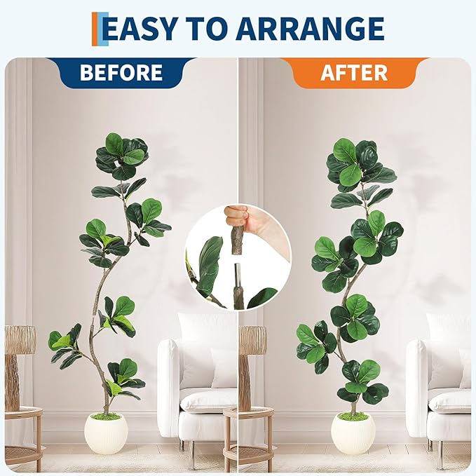 GarveeHome Fiddle Leaf Fig Artificial Tree with White Planter,6ft Faux Plants Indoor with Moss, Fake Rubber Tall Fake Floor Plant in Pot - Artificial Trees for Home Office Living Room Decor-HomvellaHome