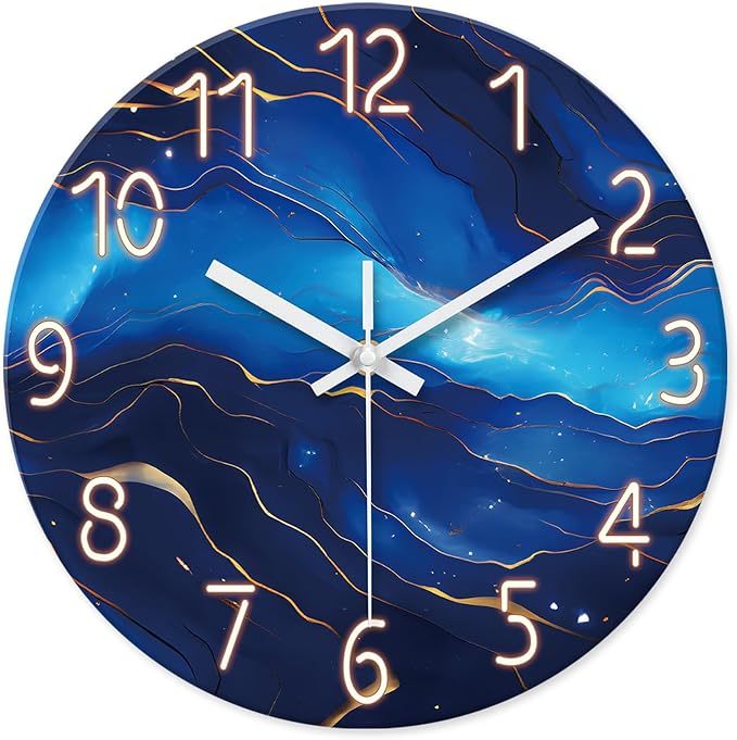 Glass Wall Clocks Battery Operated 14 Inch Modern Abstract Wall Clock for Bedroom Blue Wall Clock Silent Non Ticking-HomvellaHome