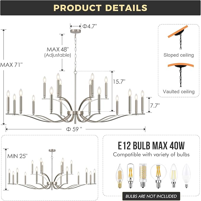 18 Light Nickel Living Room Chandelier High Ceiling Foyer Candle Chandelier Large Modern 59in Metal Chandeliers Hanging Light for Master Bedroom Dining Room Light Fixture Over Table-HomvellaHome