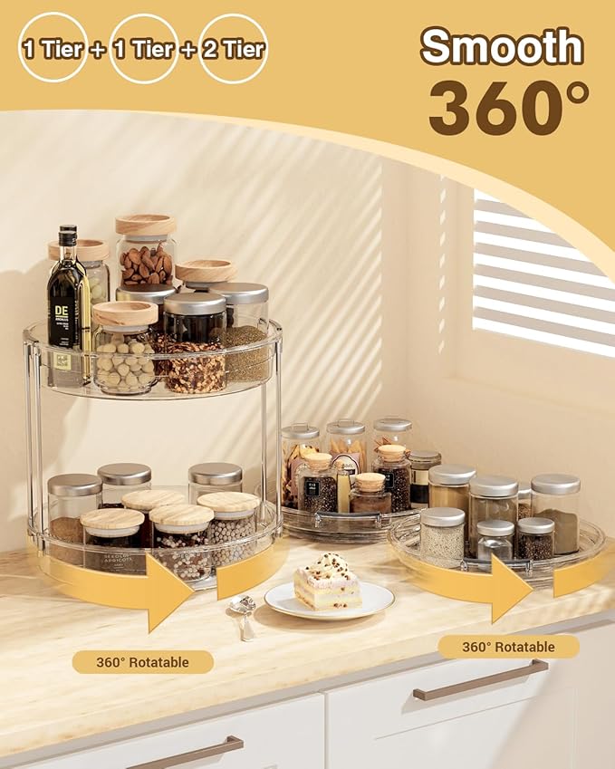 2 Pack Lazy Susan Organizer 9.25''and 11.81'' Two-Tier Lazy Susan Turntable for Cabinet, Spice Rack, and Pantry Storage - Spinning Makeup Organizer for Bathroom, Clear-HomvellaHome