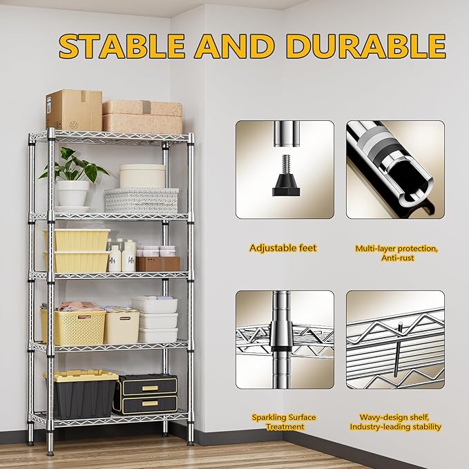 1250 lbs 5 Tier Shelf Metal Storage Shelves Shelving Wire Rack Heavy Duty Closet Organizers for Garage Kitchen Bathroom Laundry Chrome 13.8" D x 29.5" W x 59.5" H-HomvellaHome