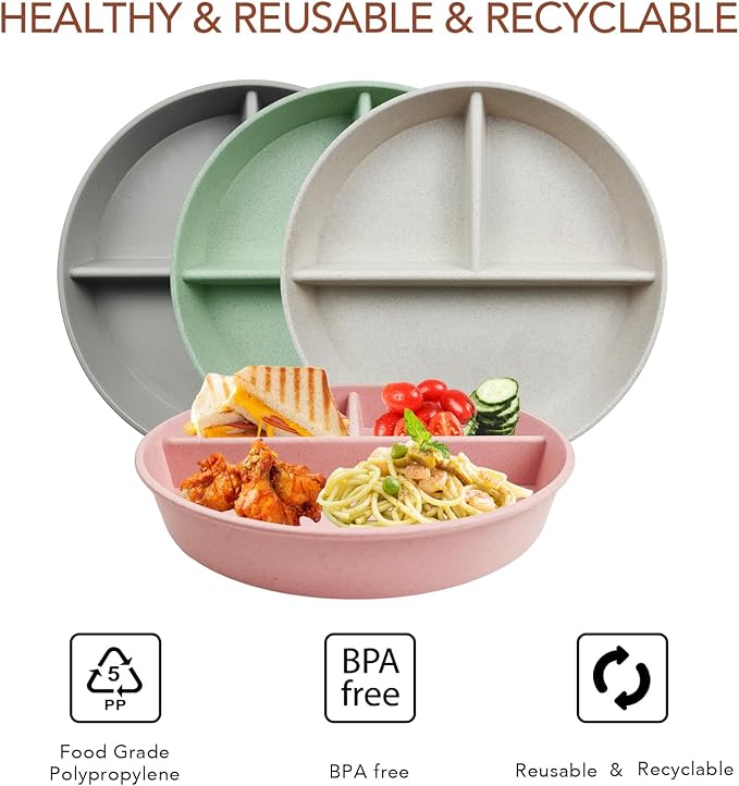 greenandlife 9 Inch 4PCS Divided Plates with Lids, Portion Control Plates for Kids Adults, Dishwasher Microwave Safe Compartment Plate, Unbreakable Lightweight Reusable Wheat Straw Plate Set, INS-HomvellaHome