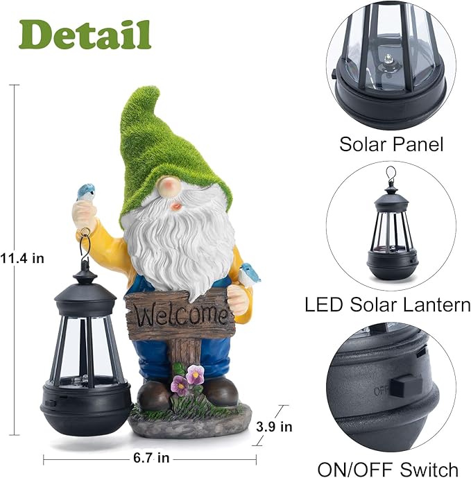 Garden Gnome Outdoor Statues with Solar Lights,Resin Flocked Solar Gnome Statue Holding Lantern,Outdoor Gnomes Decorations for Garden, Patio Gnome Gifts for Mom-HomvellaHome