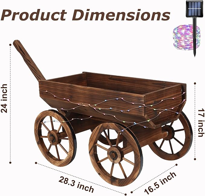 Garden Wooden Decor Rustic Flower Pot,Planters Wagon Indoor Outdoor Backyard Balcony Decor,for Outside Garden Decor Wheelbarrow Planter for Patio (Wooden Wagon with Light)-HomvellaHome