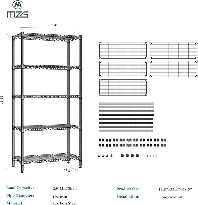 1250 lbs 5 Tier Shelf Metal Storage Shelves Shelving Wire Rack Heavy Duty Closet Organizers for Garage Kitchen Bathroom Laundry Black 13.8" D x 35.4" W x 68.5" H-HomvellaHome