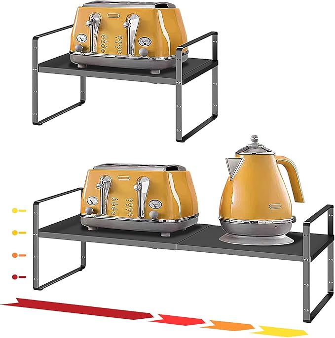 16.5~27.1" Expandable Shelf Organizer, 1Pack 8.1" Wide Stackable Cabinet Shelf Organizers, Black Metal Sturdy Kitchen Counter Storage for Countertop, Adjustable Height Spice Rack-HomvellaHome