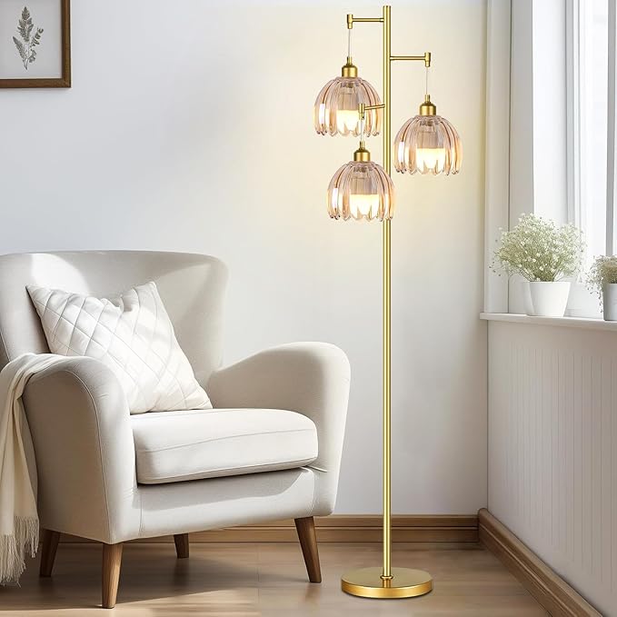 Gold Floor Lamp for Living Room,Bedroom,Tree 3 Light Standing Lamp Mid Century Modern Brass Tall Floor Lamps Vintage Retro Floor Lights Glass Flower Amber Lamp Shade Farmhouse Boho Bohemian-HomvellaHome