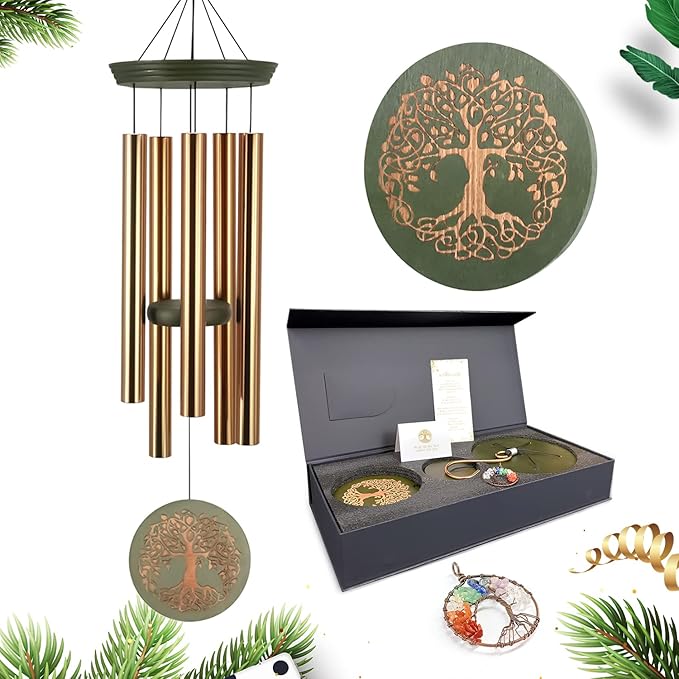 Gifts for Mom & Grandma - Outdoor Wind Chimes with Engraved Tree of Life, Large Patio Hanging Decor for Garden, Yard, Christmas, Anniversary Celebrations-HomvellaHome