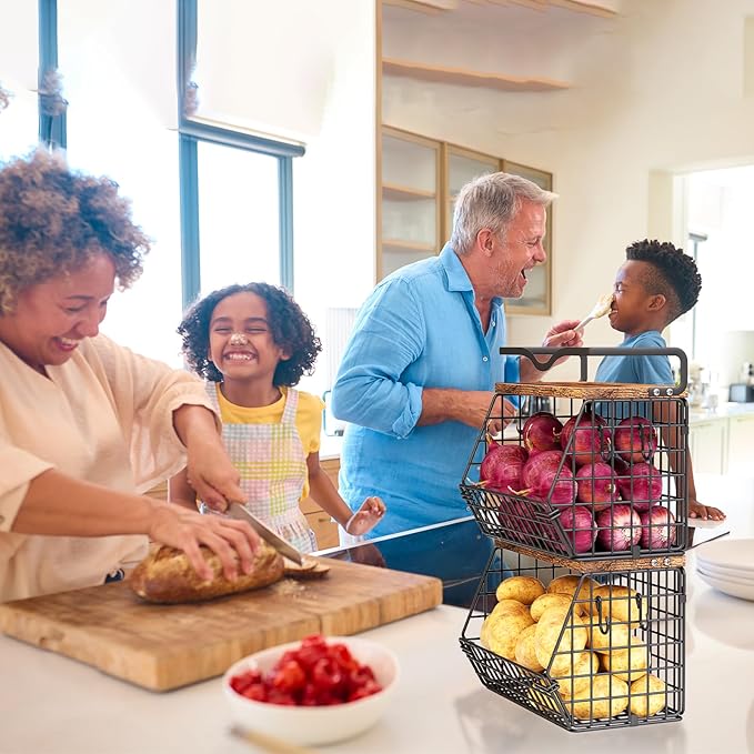 2 Pack Fruit Bowl Hanging Fruit Basket for Kitchen Counter ,Stackable Wire Baskets for Onion Storage and Potato Storage with Wood Lid,Vegetable Fruit Basket with Banana Hooks-HomvellaHome
