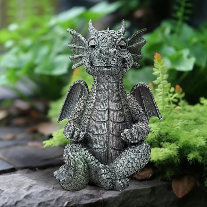 Garden Dragon Statue Decor - Meditation Dragon Sculpture Figurine Outdoor Decoration, Zen Yoga Garden Art Sculpture for Patio Lawn Yard Balcony Indoor Decor(Hands Flat)-HomvellaHome