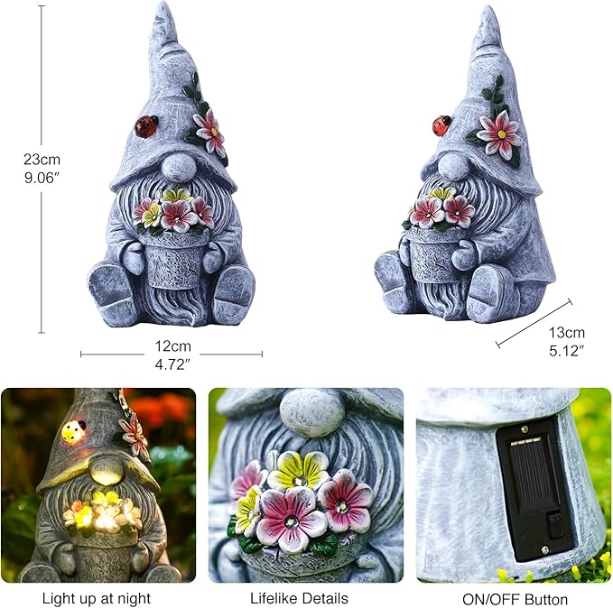 Goodeco Sitting Gnome Holding Flower Statue - Solar Garden Gnomes Decor for Outside with LED Lights, for Women or Moms, Housewarming Gnome Decorations-HomvellaHome