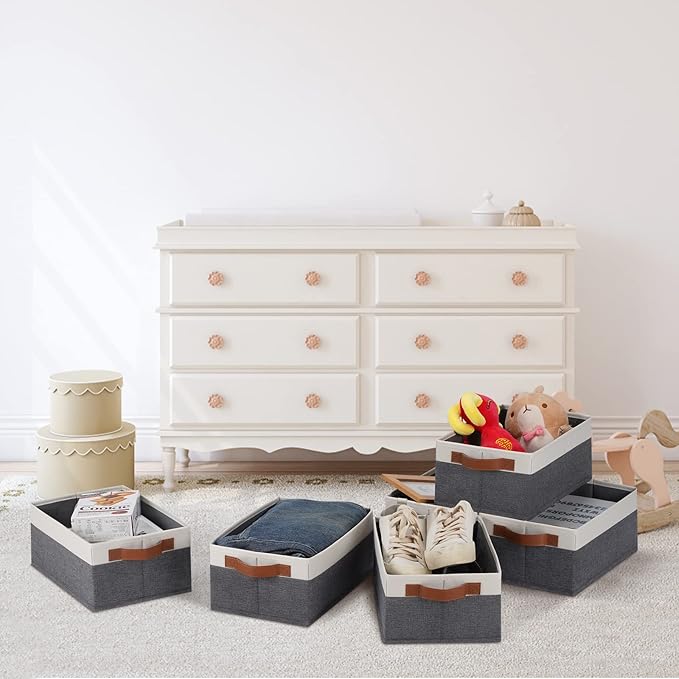 GhvyenntteS Small Fabric Storage Bins 12 Pack, Storage Basket with Leather Handles, Closet Storage Bins for Shelves, Storage Baskets for Shelves, Home, Office (Grey/White, 11.8" x 7.87" x 5.11")-HomvellaHome