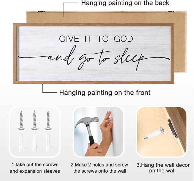 Give It to God and Go to Sleep Decorative Rustic Sign & Plaque Framed Wall Art for Couples, 40''×15'' Vintage Cottagecore Wooden Horizontal Wall Decor Above Bed, Farmhouse Wedding Gift for Bedroom-HomvellaHome