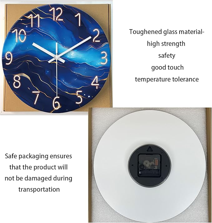 Glass Wall Clocks Battery Operated 14 Inch Modern Abstract Wall Clock for Bedroom Blue Wall Clock Silent Non Ticking-HomvellaHome