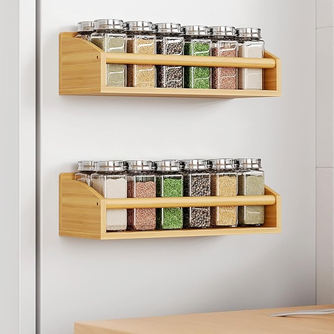 2 Pack Magnetic Spick Rack for Refrigerator, Fridge Organizer Shelf, Bamboo Wood-HomvellaHome