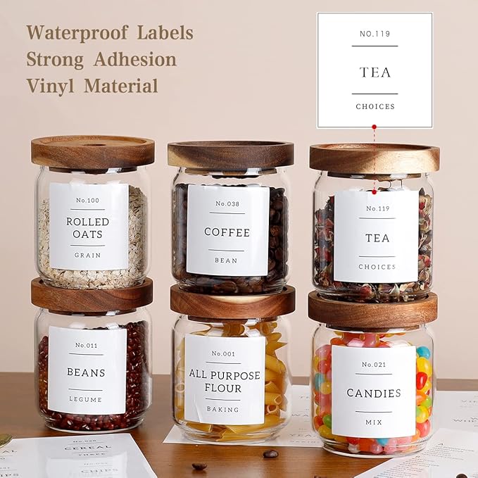 16 OZ Stackable Glass Food Storage Jars with 132 Pantry Labels Preprinted - 6 Pcs Thicken Glass Storage Containers with Airtight Acacia Lid - Clear Kitchen Canister for Spice, Tea, Coffee, Sugar-HomvellaHome