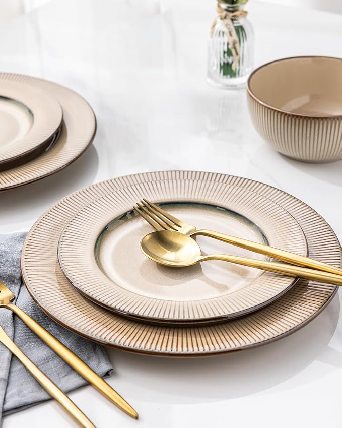GBHOME Ceramic Dinnerware Sets, 18 Piece Embossed Elegant Stoneware Plates and Bowls Sets, Housewarming Wedding Gift | Dishwasher & Microwave Safe | Dishes Set Service for 8-HomvellaHome