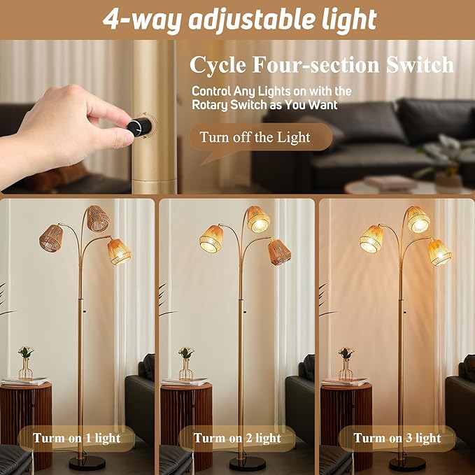 Gold Rattan Floor Lamp for Living Room, 72 Inch Tall Boho Floor Lamp with Rotary Switch, 3 Lights Arc Lamp with Wicker Shade for Coastal,Bohemian,Modern,Tree Farmhouse Standing Lamp-HomvellaHome