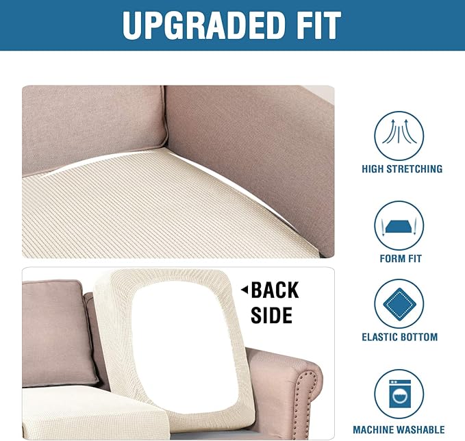 H.VERSAILTEX Super Stretch Individual Seat Sofa Covers Couch Slipcover Sets Thick Jacquard Textured Twill Fabric (3 Piece XL Sofa Cushion Covers, Natural)-HomvellaHome