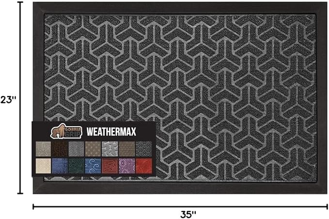 GORILLA GRIP 100% Waterproof All-Season WeatherMax Doormat 35x23, US Designed Natural Rubber, Stain and Fade Resistant, Low Profile Indoor Outdoor Door Mats, Easy Clean Patio Mat, Slate Geometric-HomvellaHome