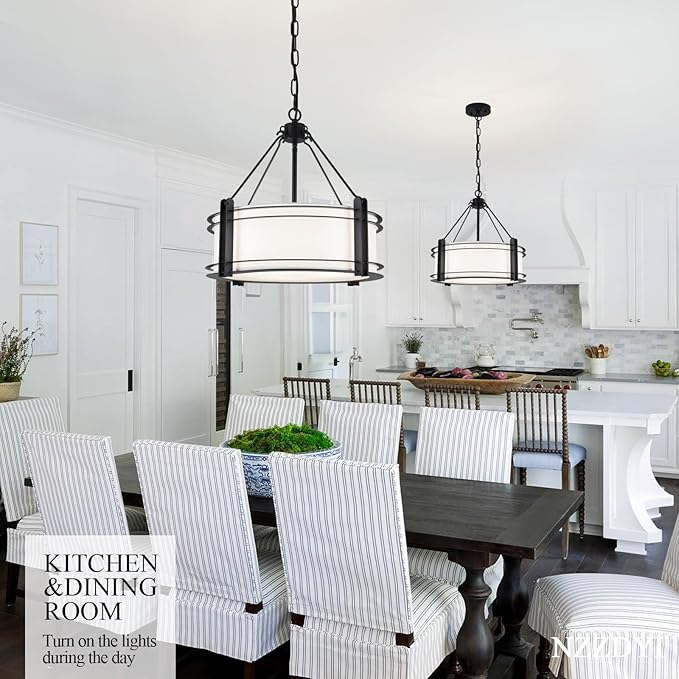 16.3''Black Drum Chandelier 3-Light Modern Farmhouse Chandelier with White Fabric Shade Adjustable Drum Pendant Light Fixture for Dining Room Kitchen Island Hallway Living Bedroom-HomvellaHome